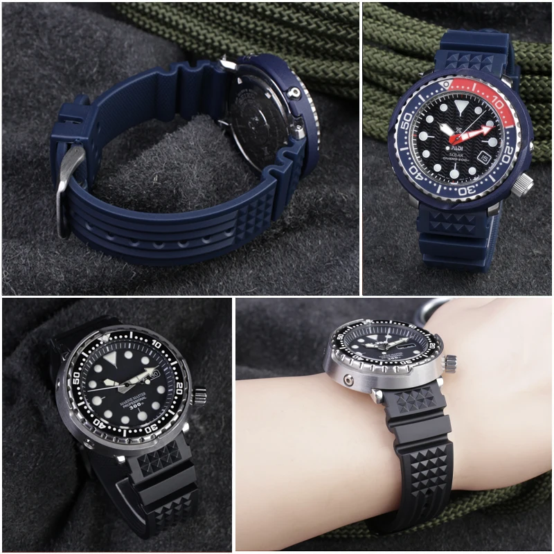 Фото Мягкий резиновый вафельный ремешок для часов 20 мм 22 мм для Seiko Skx007 Abalone Water Ghost ремешок для часов мужской черный, зеленый, синий силиконовый браслет №2