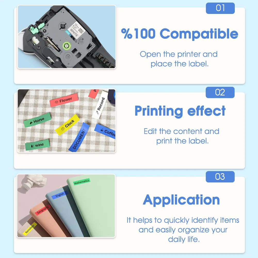 Ламинированная лента для Brother Label 231 131 431 6/9/12 мм черная на белом цвете 631 совместима