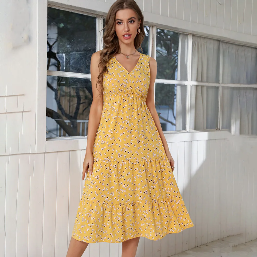 

Летние женские модные платья средней длины с цветочным принтом в стиле бохо 2022, сексуальное женское платье с V-образным вырезом для отпуска, ...