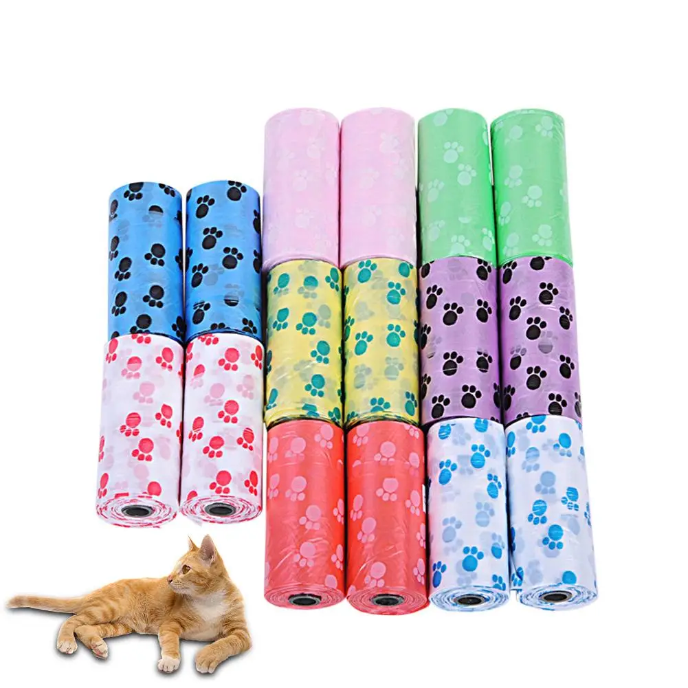 

15Pcs/roll Dog Poop Bag Disposable Pet Waste Bags with Leash Clip Paw Prints Dog Walking Bags Outdoor Clean Pets Supplies