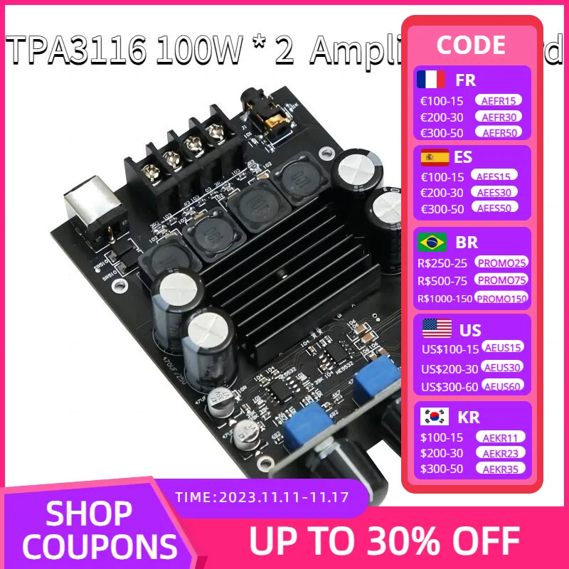 

2,0 канальная плата цифрового усилителя мощности 2X100W, сабвуфер, динамик класса D, Плата усилителя звука для домашнего кинотеатра