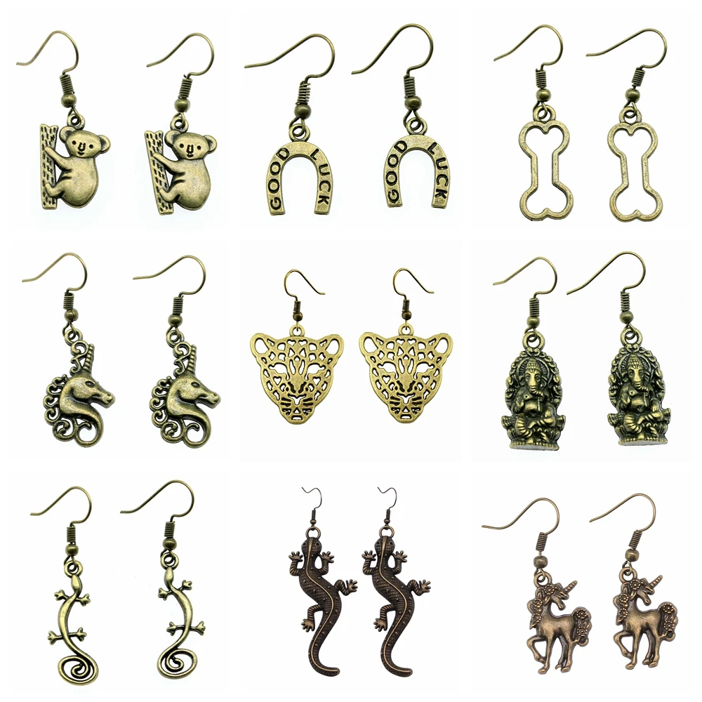 

Серги, бронзовые, с подвеской в виде тигра, леопарда, ящерицы, единорога, коалы, змеи, слона, 30 типов, винтажные