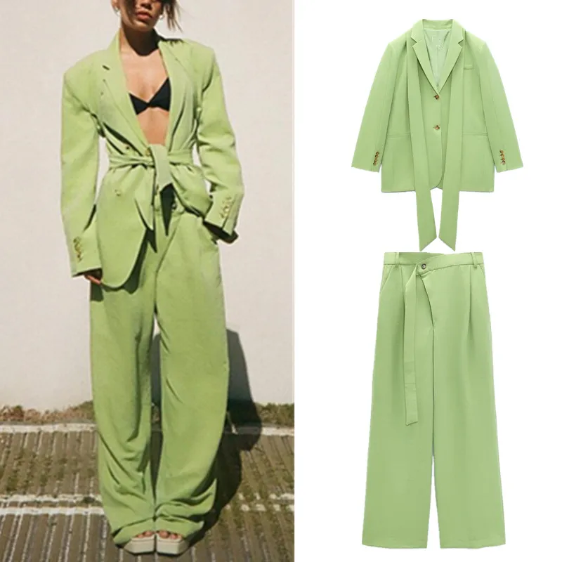 

PB&ZAspring new women's multi-purpose belted casual suit jacket grass green fashion high waist wide leg casual pants suit