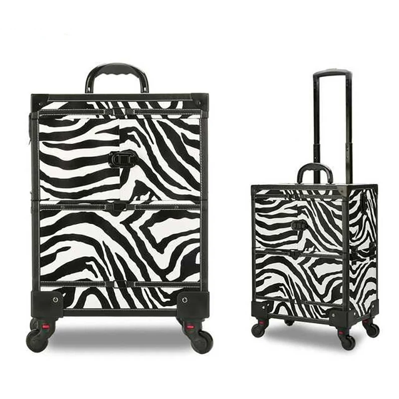 

Black white leopard pull rod cosmetic case professional large makeup suitcase beauty tools luggage fashion cosmetic case
