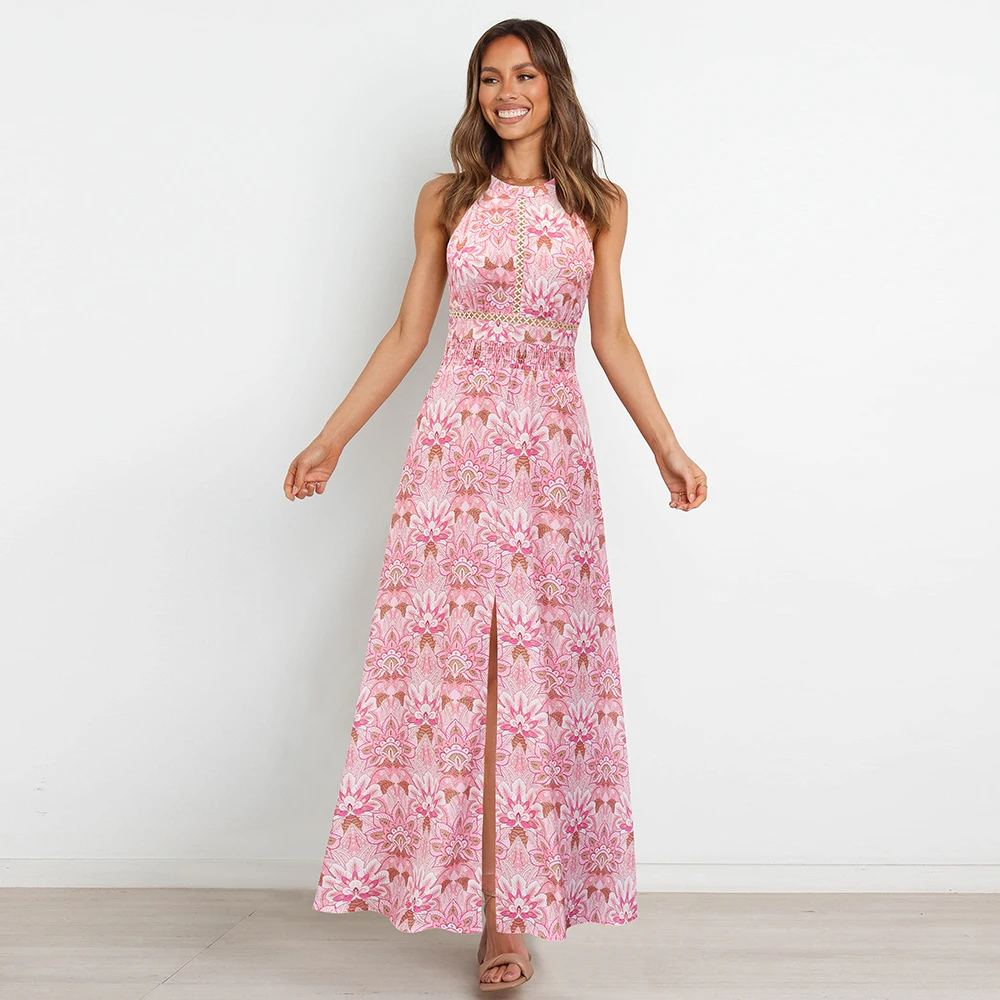 

Elegant Dresses For Women 2022 Summer Floral Print Backless Sexy Party Maxi Dress Woman High Fork Sleeveless Long Dress Vestidos