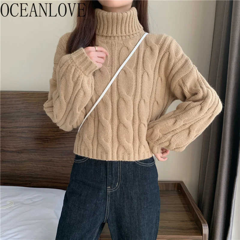

Turtleneck Women Pullovers Solid Vintage Short Japan Style Simple Pull emme Autumn Winter High Waist Women Sweaters