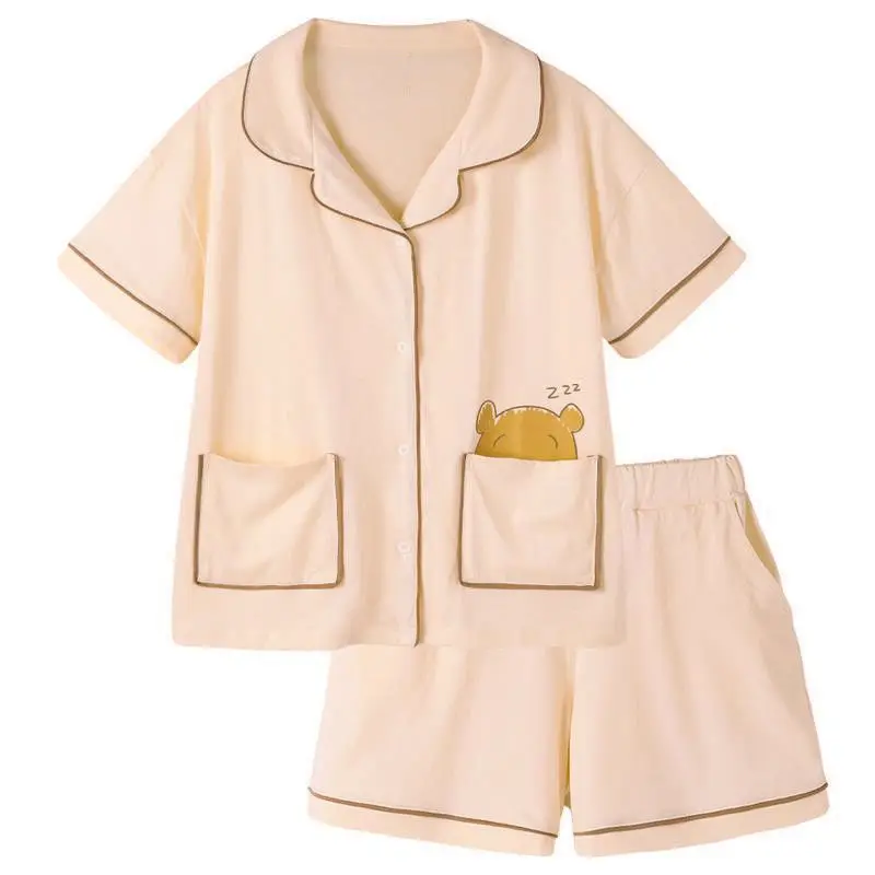 QWEEK Cotton Cute Pajamas Summer Sets for Women 2021 Pyjamas Sleeping Bear Printing Lounge Wear Soft and Comfortable Pijamas