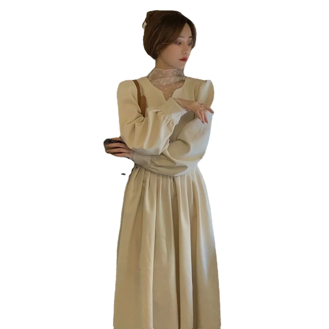 

Lazy Temperament Korean Version Solid Color Long Sleeve V-neck Dress Female Student Loose Pleated Long Skirt