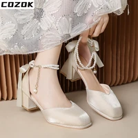 sandals womens summer middle heel thick heel pointed bag heel beaded womens shoes 2022 new silk surface rhinestone shoes women