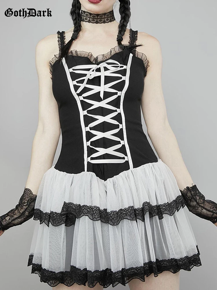 

Goth Dark Gothic Mesh Lace Hem Women Party Dresses E-girl Grunge Bandage A-Line Clubwear Harajuku Cute Backless Alt Streetwear