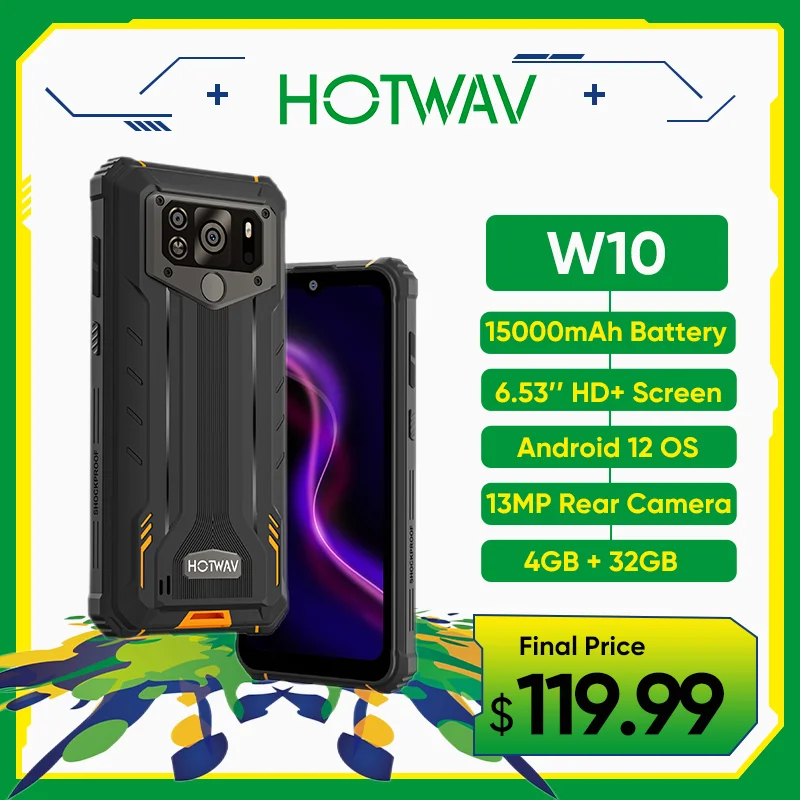 Hotwav W10 Rugged Smartphone 15000mAh Ultra Large Battery Android 12 OS MTK6761 6.53 Inch Screen 4GB 32GB 13MP Main Camera