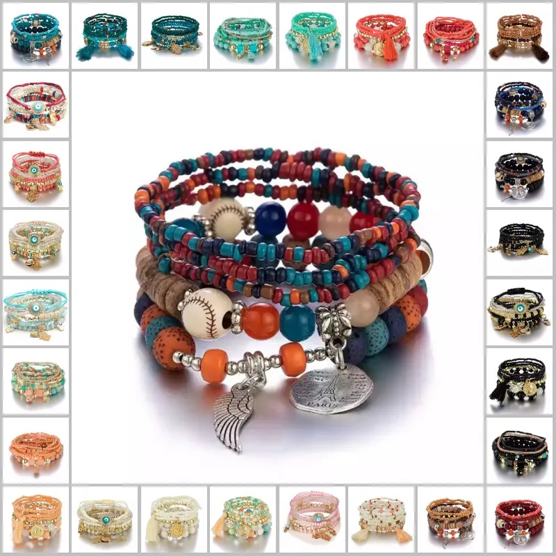 

4pcs Set Bohemian Multilayer Rice Beads Bracelets Handmade Simple Boho Acrylic Glass Beaded Bracelet Jewelry For Women bangle