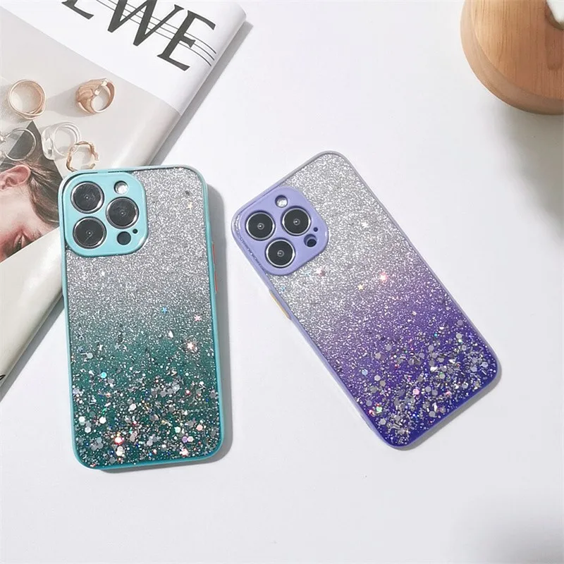 

Fashion Gradual Flash Powder Shiny Female Phone Cover Case For Iphone 14 13 12 11 Pro Max Xr X 7 8 Anti-fall Hard Coque Fundas