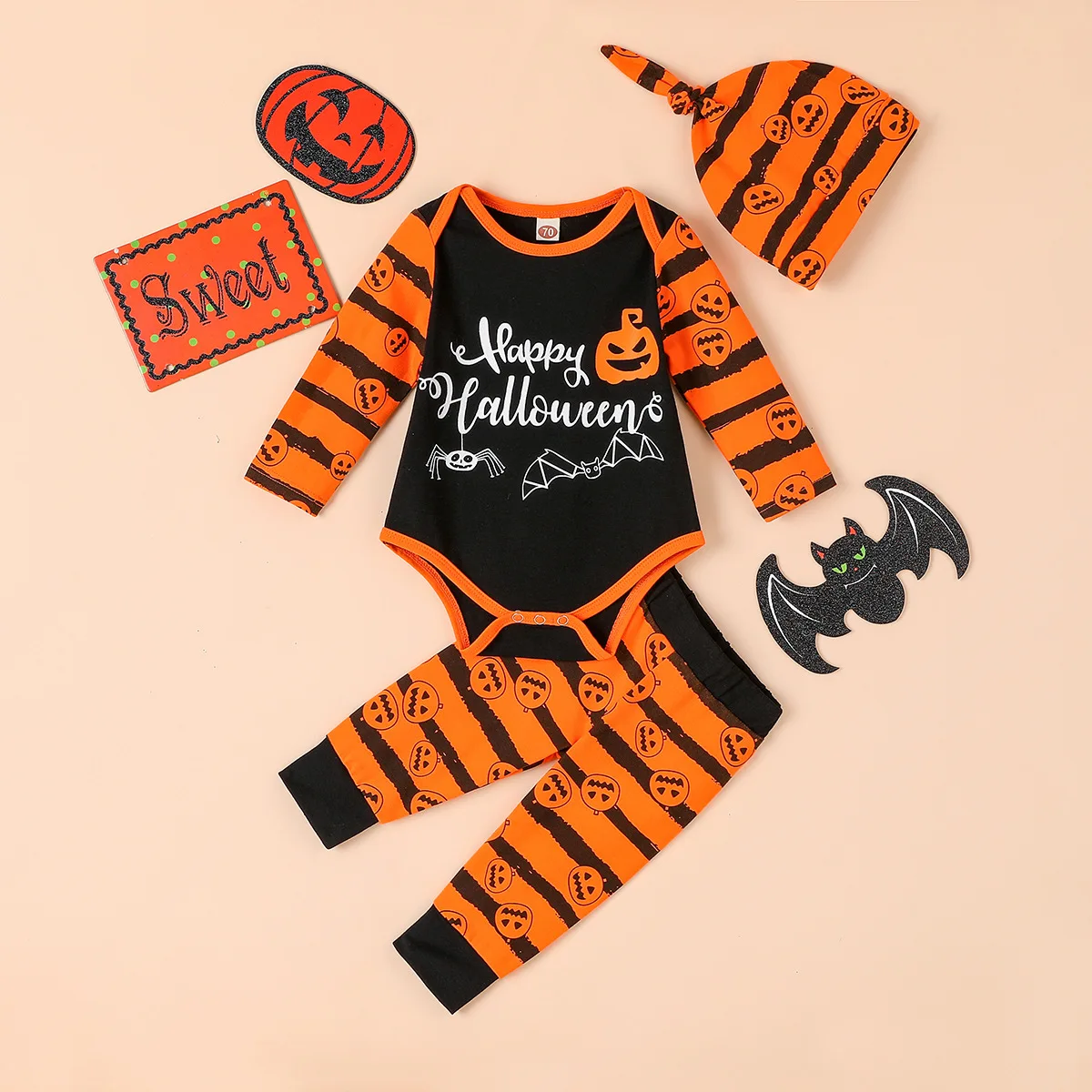 

Halloween 3pcs Baby Girl/boy Long-sleeve Graphic Lace Detail Romper and Allover Print Pants with Hat Set Baby Girl Outfit Set
