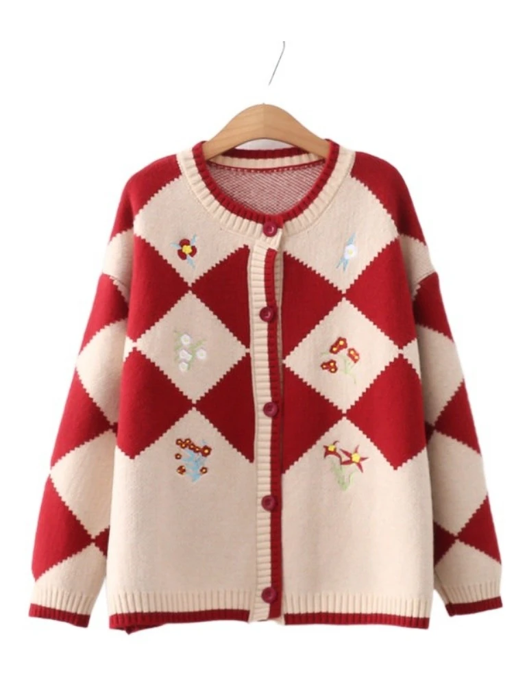 

Женский вязаный клетчатый кардиган с цветочной вышивкой, винтажный Рождественский свитер с длинными рукавами и круглым вырезом, 2022