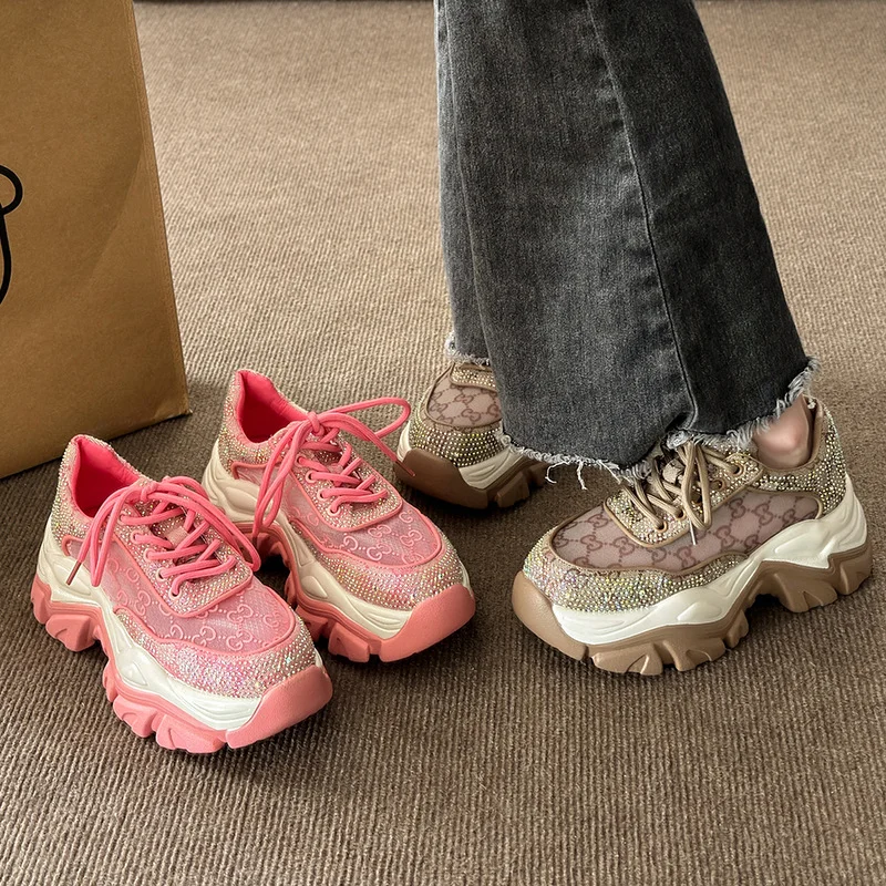 Rhinestone daddy shoes women 2023 summer new platform shoes breathable thick bottom increased pink sports and leisure shoes