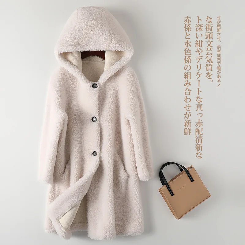 

2023 Winter New Grain Sheep Sheared Fleece Coat Hooded Mid Length Fur Warm Fur One Piece Coat for Women Long Coat Women