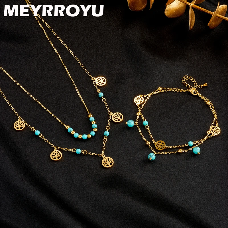 

MEYRROYU 316L Stainless Steel Jewelry Set Necklace Anklet Life Tree Blue Beads Pendant For Women New Trend Gift Chic Accessories