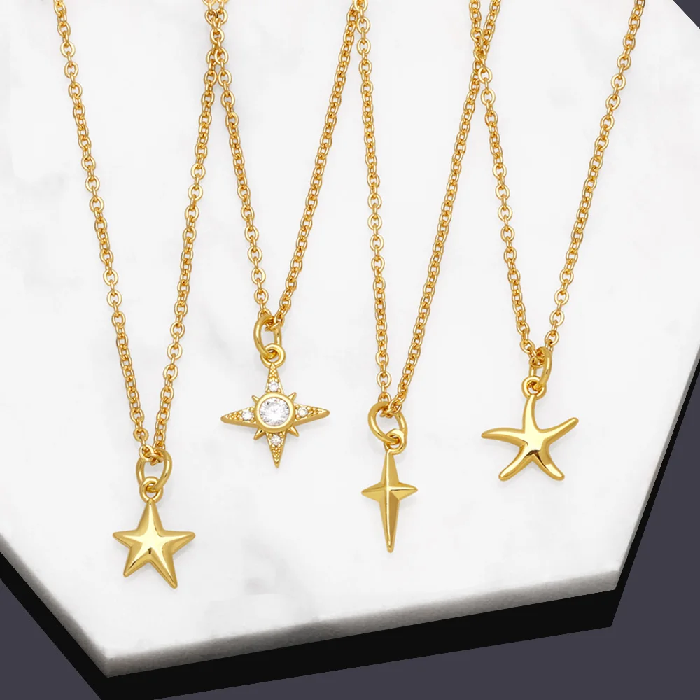 FLOLA минималистичное ожерелье с цирконом AAA Starburst для женщин, медное позолоченное ожерелье с морскими звездами, милая маленькая бижутерия, подарки nkeb500