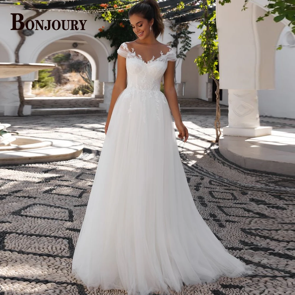 

BONJOURY Classic Wedding Dresses For Women SCOOP 2023 Bride Sleeveless Buttons Tulle Appliques Custom Made Vestido De Novia