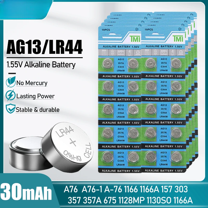 

Original 50-200PCS AG13 LR44 1.55V Alkaline Battery A76 357 357A LR1154 SR1154 SR44 For Watch Toy Pedometer Button Coin Cell