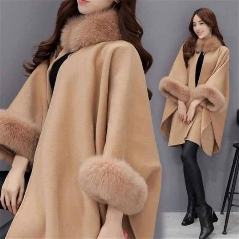 

Elegant Women Winter Coats Batwing Fluffy Sleeve Cape Jacket Lady Woolen Overcoat Cape Fox Fur Collar Warm Ponchos Feminino