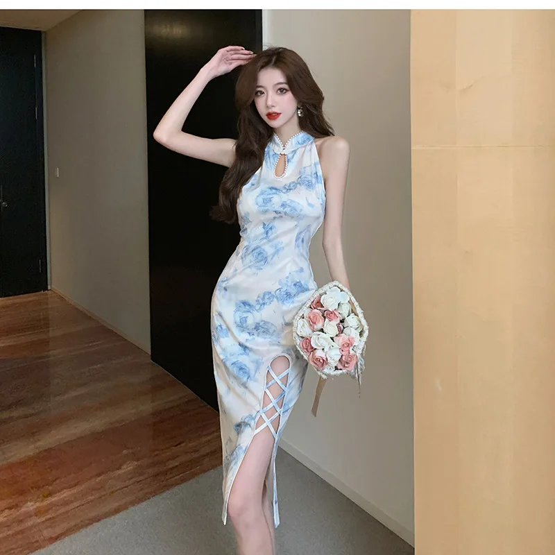 

Latest Net Red Anchor Fashion Chinese Style Women's Sleeveless Hollow Beaded Slim Slit Printed Cheongsam Dress Vintage Dress