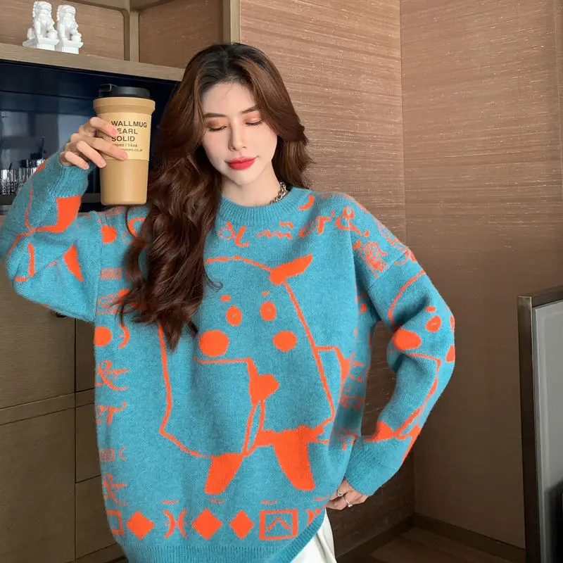 Sweater Cartoon Pattern Loose Autumn and Winter Pullover Korean Version Round Neck Long Sleeve Knitted Top All-match Women