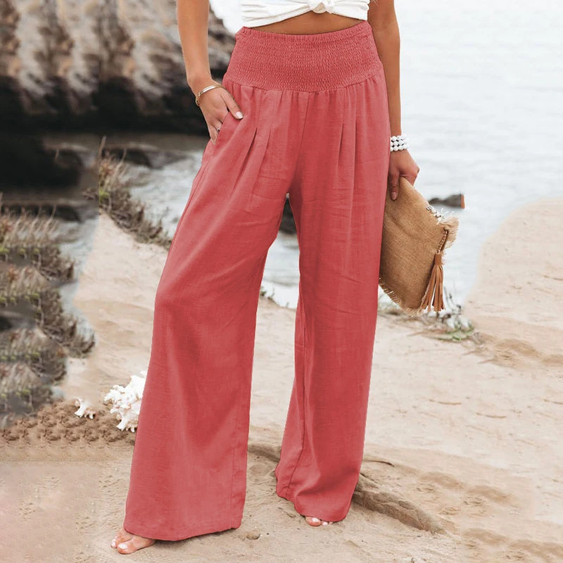 

Брюки женские хлопково-льняные с завышенной талией, винтажные повседневные свободные штаны с карманами и широкими штанинами, пляжные длинн...