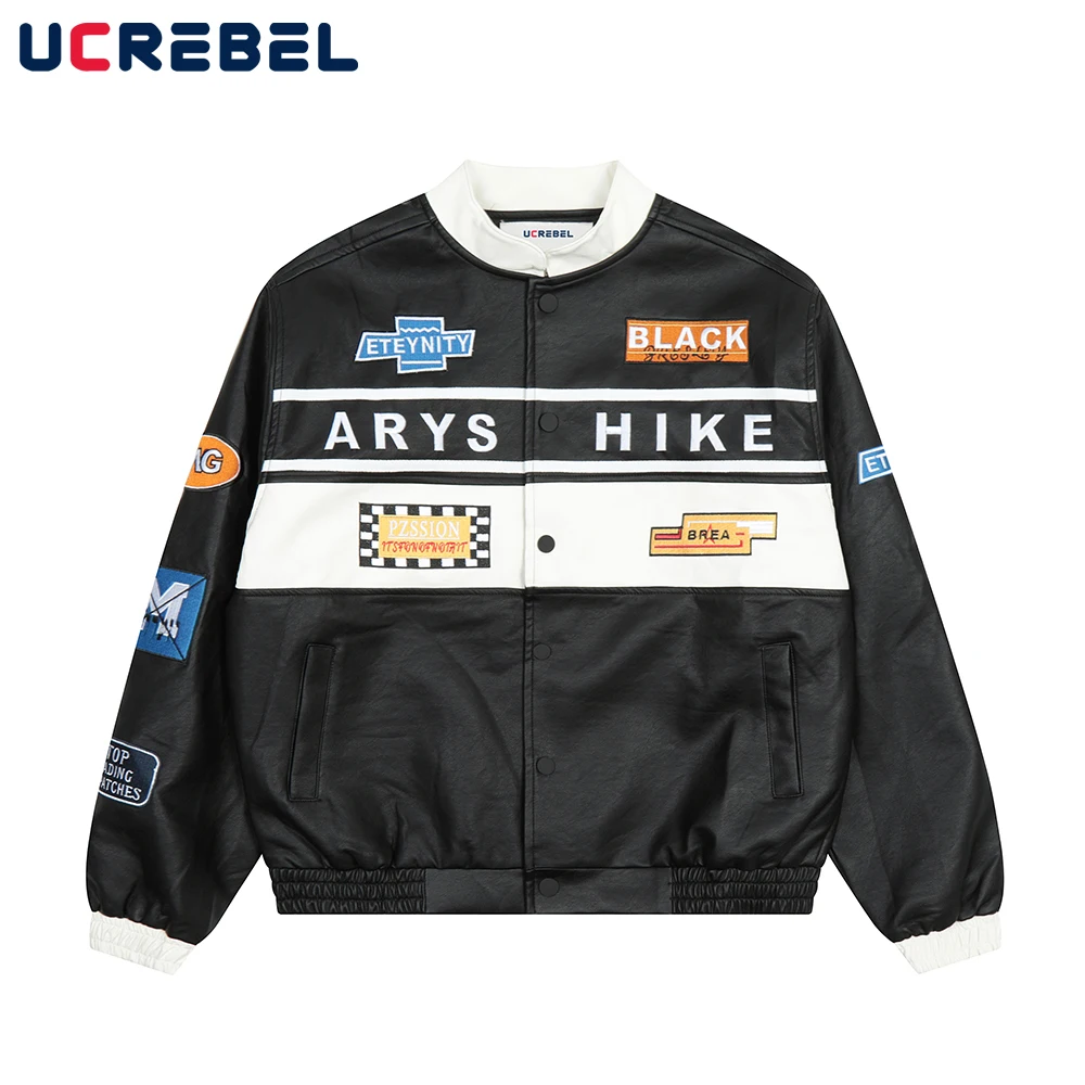 

Letter Embroidery Motorcycle Jacket Mens Contrast Baseball Jacket Autumn Winter Long Sleeve Loose Single Breasted Outerwear Men