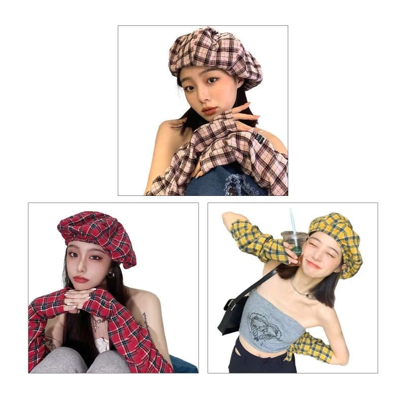 

2023 New Vintage Plaid Gloves French Beret Hat Beanie Cap Long Fingerless Sleeves for Sun for Protection Arm Sleeves Elbow