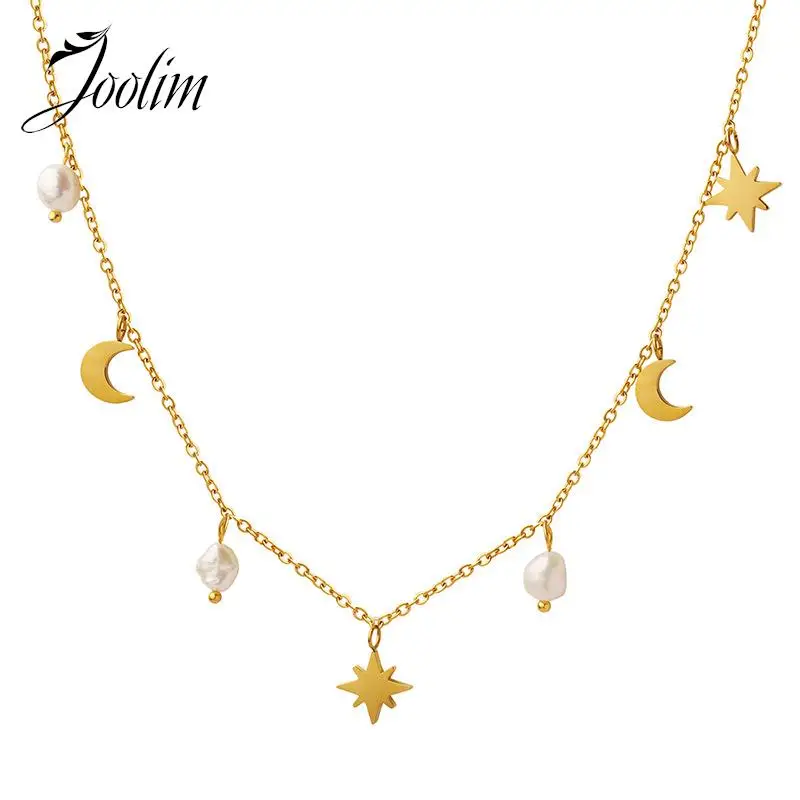 

Joolim Tarnish Free PVD Gold Finish Luxury Star Moon Fresh Water Pearl Pave Tassel Pendant Stainless Steel Necklace for Women