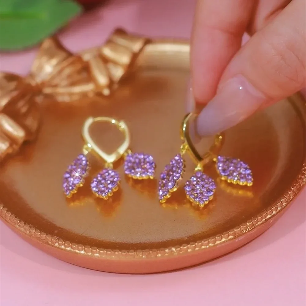 Фиолетовые серьги-гвоздики Три жизни с тремя листьями женские дизайнерские