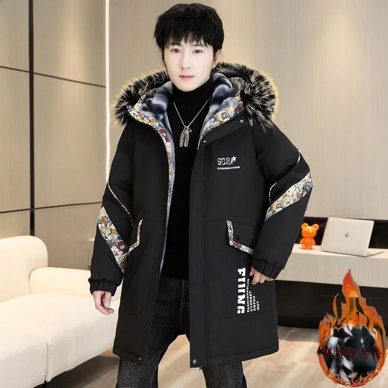 Hengyuanxiang Youth Winter Loose Cotton-padded jacket Outerwear Men's Mid-Length Fashion Hood Fleece-lined Thickened Parka Fa...