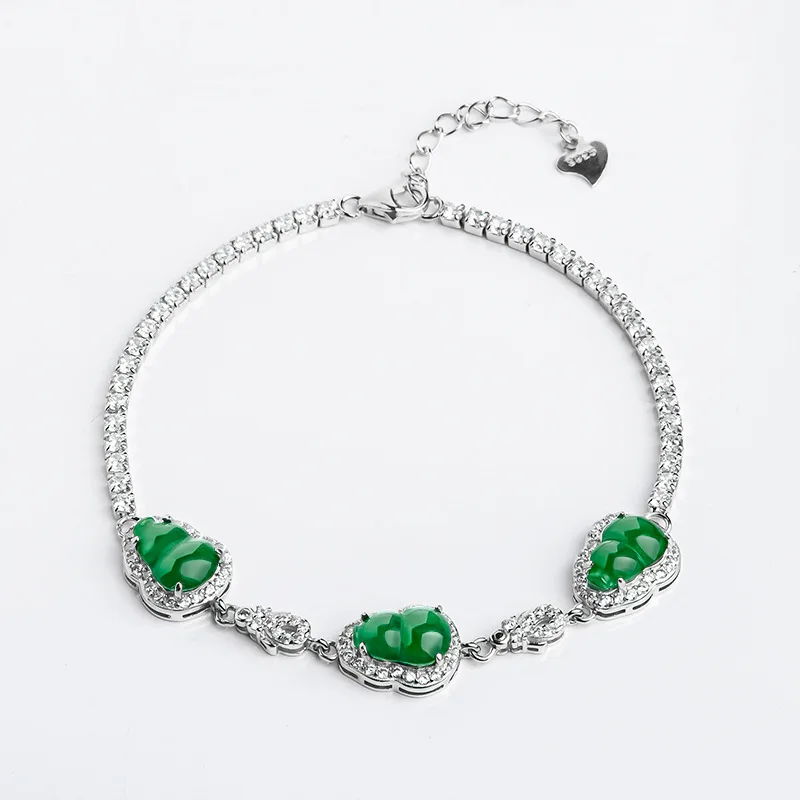 Burmese Jade Gourd Bracelets Jewelry Gift Carved Bangles Jadeite Men Fashion 925 Silver Man Real Gemstone Natural Emerald Green