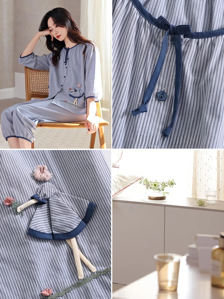 Женские пижамы из тканого хлопка на весну и осень с рукавами 3/4 домашняя одежда