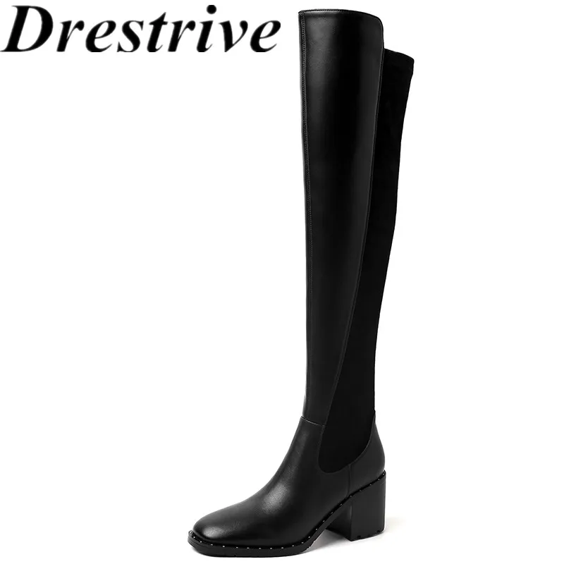 

Drestrive 2022 Classic Women Over Knee High Boots Thick Heels Round Toe Rivet Cow Leather Elasticity Patchwork Black