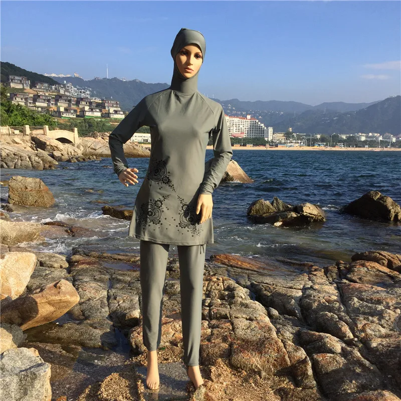 

Quick Drying 2022 New Long Sleeve Muslim Swimsuit Women Slim Print Islamic Swimwear Muslim Swimming Clothes