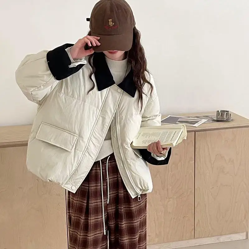 Зима 2024 новый вельветовый короткий пуховик с лацканами женский маленький