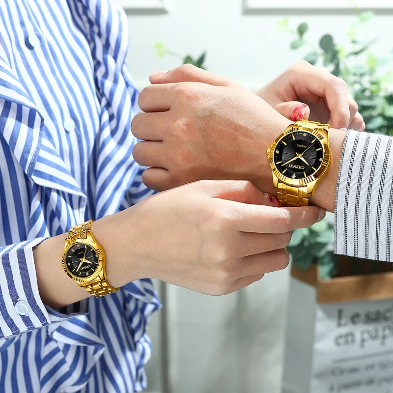 Gold Couple Watch Gift CHENXI Top Brand Luxury Golden Mens Watches Stainless Steel Business Casual Women Watch Free Shipping