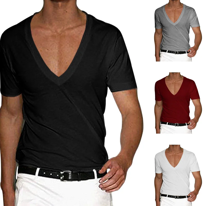 

Men's Short-sleeved V-neck T-shirt Summer Solid Color Slim Exercise Running Short-sleeved Elastic Casual Men's Shirt