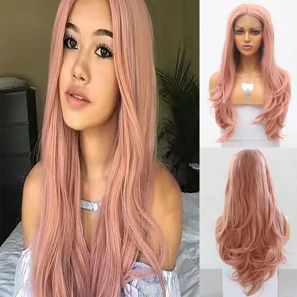 

AIMEYA Pink Nature Wave Synthetic Lace Front Wigs Pre Plucked Natural Hairline For Women Daily Use Cosplay Wig 18-26 Inches