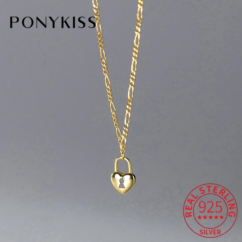 

PONYKISS Real 925 Sterling Silver 18K Gold Lock Choker Necklace For Fashion Women Classic Fine Jewelry Minimalist Bijoux