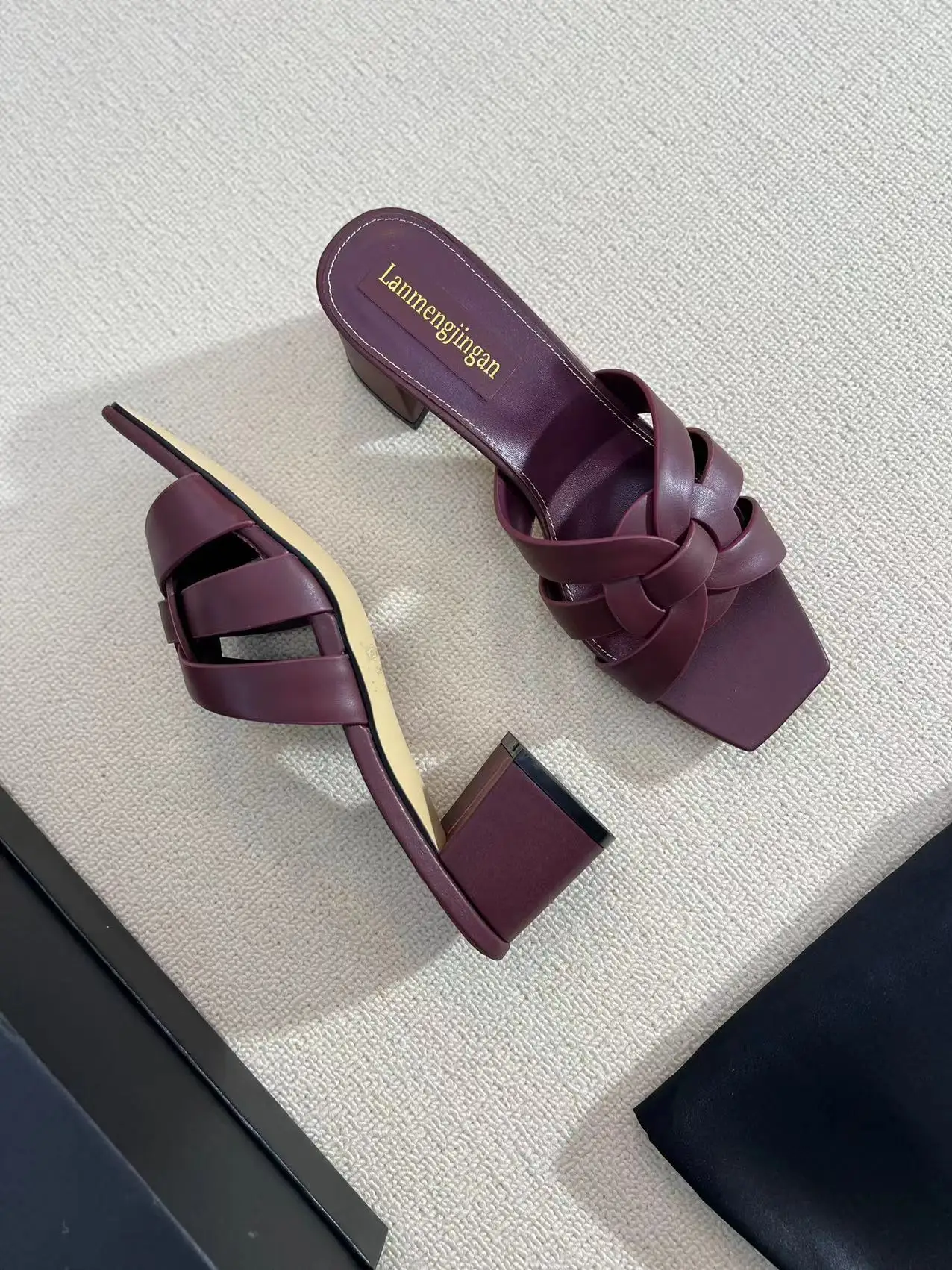 Fashion square head high heel full leather slippers, cowhide upper, sheepskin lining, comfortable women's shoes, summer sandals