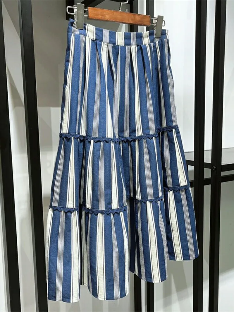 

Women A-line Midi Skirts Stripes Cotton Pleated Female High Waist Jupe