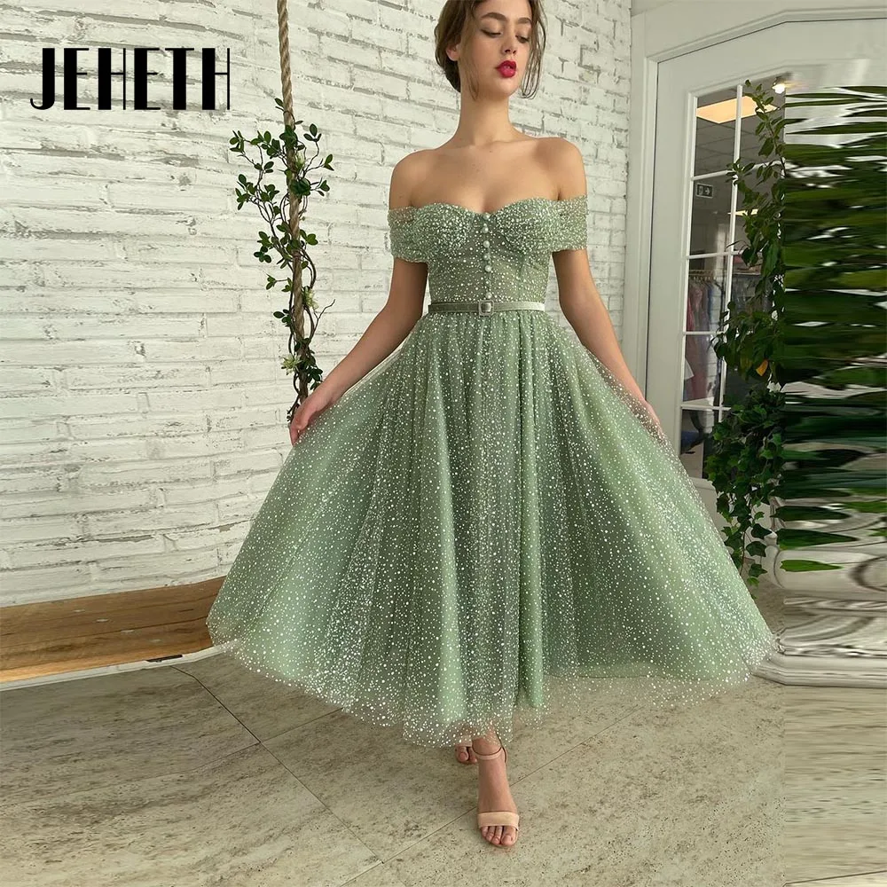 

JEHETH Simple Green Dotted Tulle Prom Dresses 2022 Off the Shoulder Tea-Length A-Line Midi Formal Party Evening Gown Custom Made