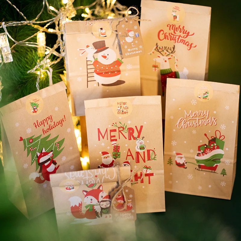 

24Sets Merry Christmas Kraft Gift Bags Santa Claus Xmas Party Favor Bag with Advent Calendar Number Sticker Wrapping Supplies