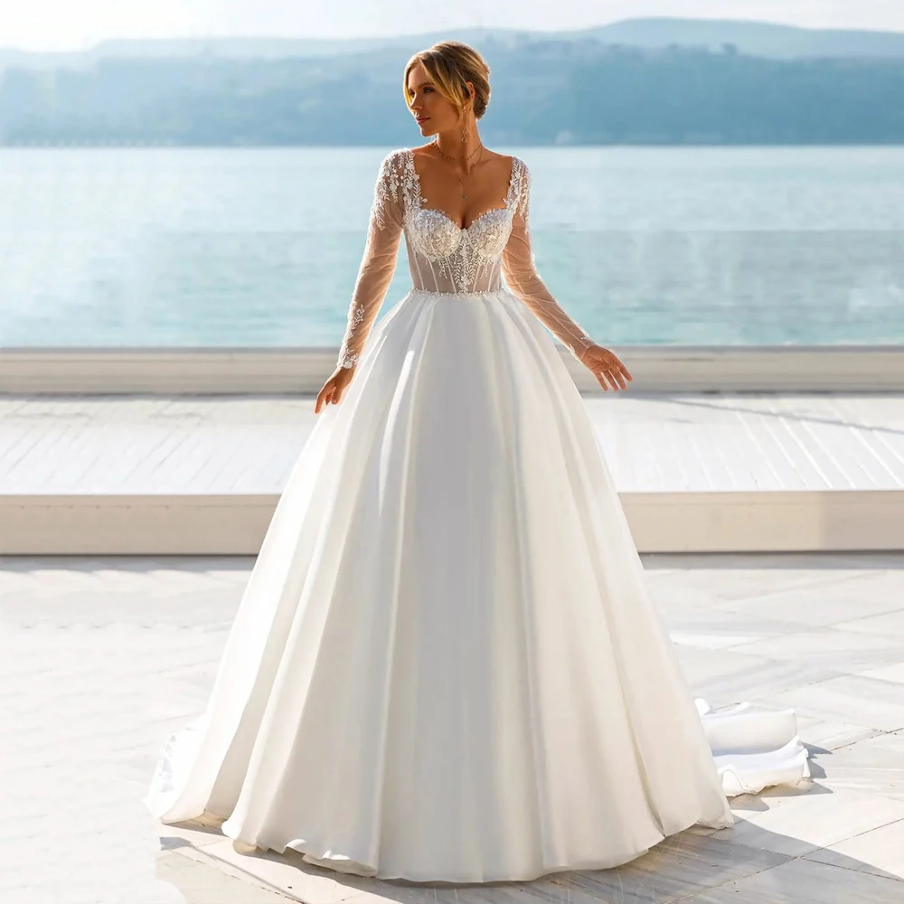 

Roseca Ye Elegant Satin A Line Wedding Dress 2022 Bridal Gown Long Sleeves Lace Appliques Modern Corset Wedding Dresses