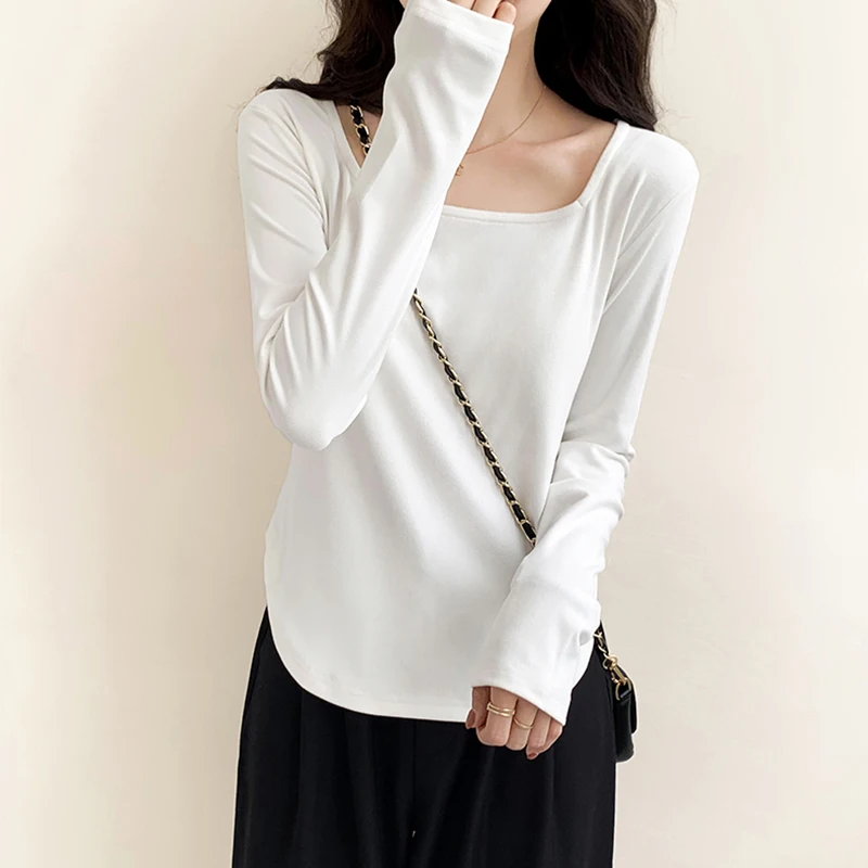 

Spring New Long Sleeve Thick Women T Shirts U Neck Slim Casual T-Shirt Top Female Solid Basic All-Match Asymmetrical Tees Femme