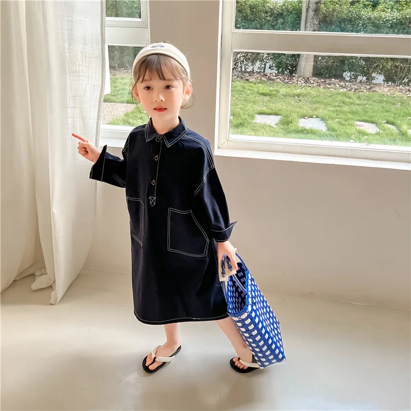 

Spring Summer Toddler Baby Girls Denim Shirt Dress Casual Button Pocket Clothing Dresses Long Sleeve Denim Blouse Dresses